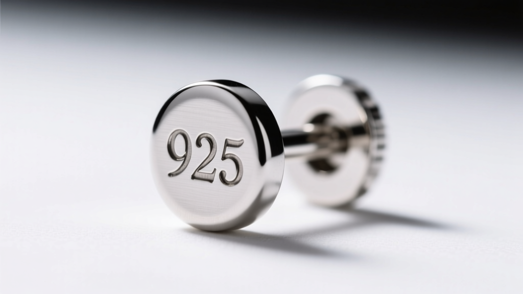 Macro photo of the back of a silver earring post showing a clear 925 hallmark stamp, illuminated by soft directional lighting.