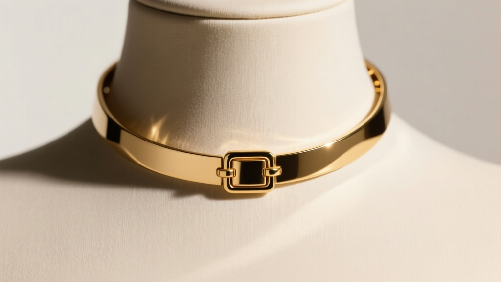 Close-up of a rigid 14k gold collar necklace on a mannequin collarbone, highlighting a seamless box clasp under studio lighting