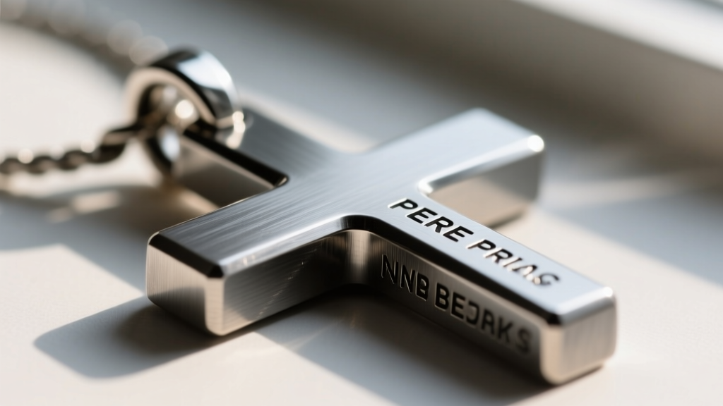 Macro shot of a thick steel chunky cross pendant showing a hidden bail and deep laser-engraved text on its brushed side edge.