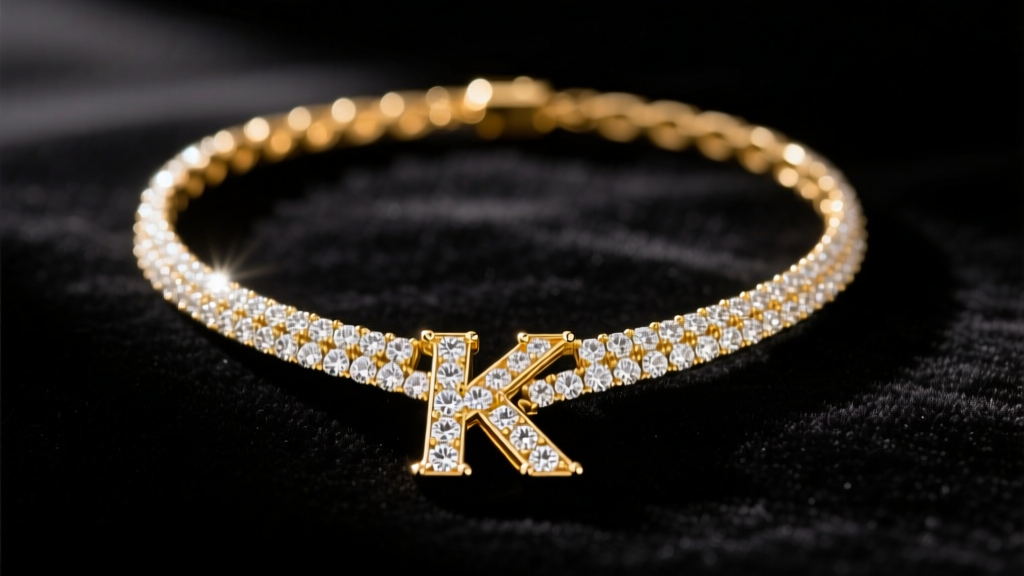 Elegant 14k yellow gold diamond K necklace resting on dark velvet, soft directional lighting highlighting the pave diamonds
