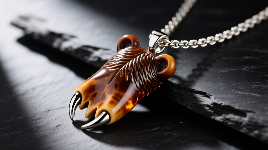Macro shot of a polished natural brown bear claw pendant on a thick 3mm sterling silver wheat chain resting against dark slate.