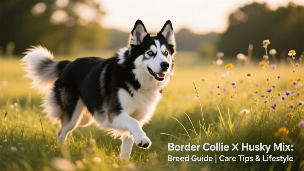 A playful adult Border Collie-Husky mix running through a grassy field with alert expression and thick, bi-colored coat