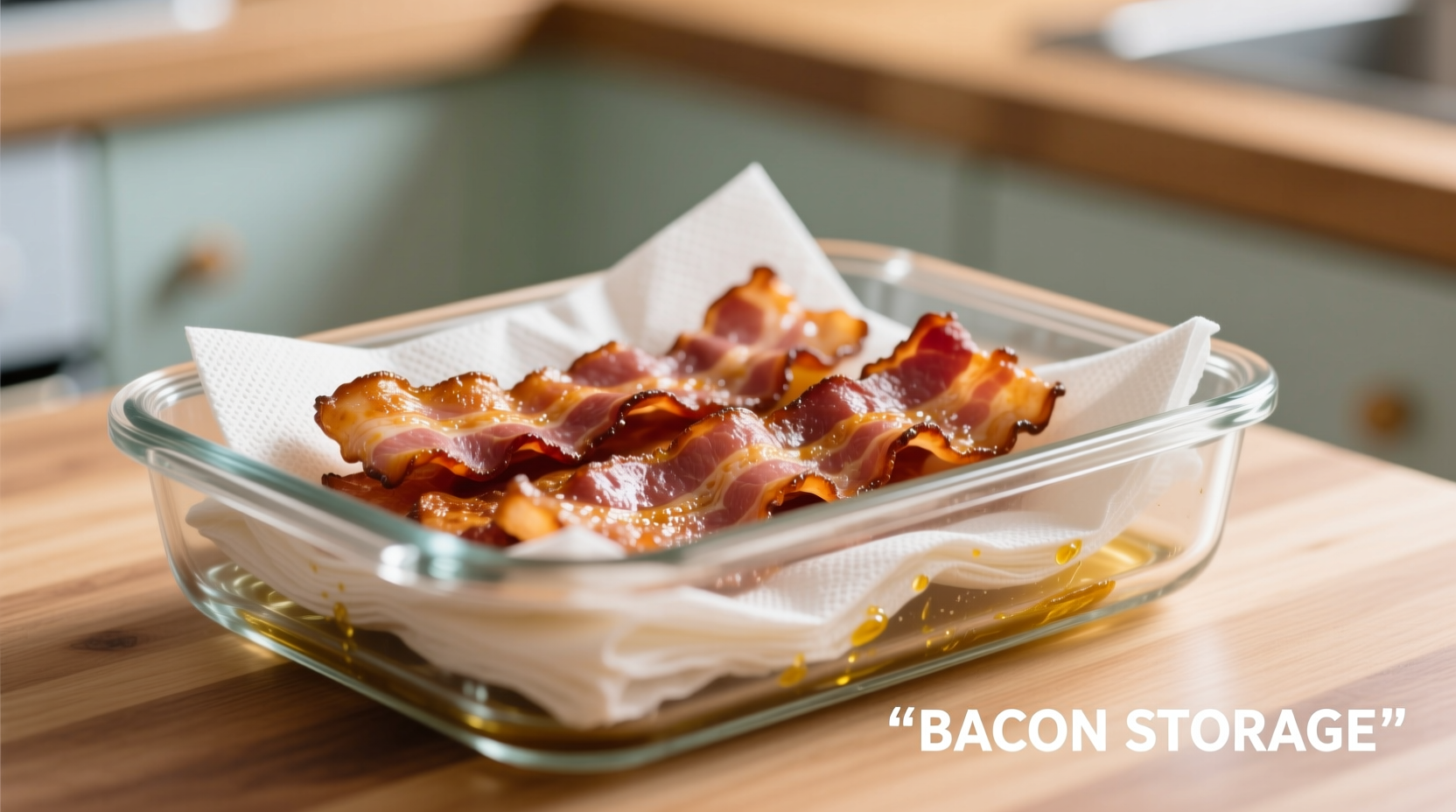 Cooked bacon stored in glass container with paper towels