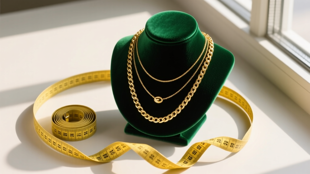 Overhead view of a yellow measuring tape looping around a velvet bust next to three gold chain necklaces of varying lengths
