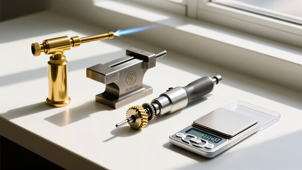 Flat lay of goldsmithing tools including an acetylene torch, steel bench pin, flex shaft handpiece, and a digital milligram scale.