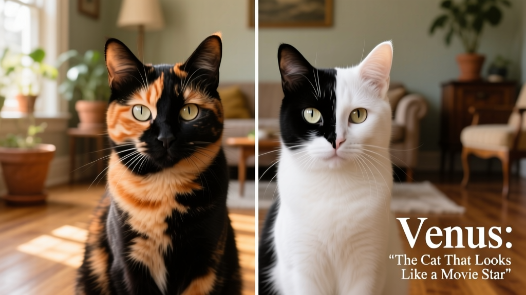 Side-by-side comparison: a typical tortoiseshell cat with blended patches versus Venus’s sharply divided face
