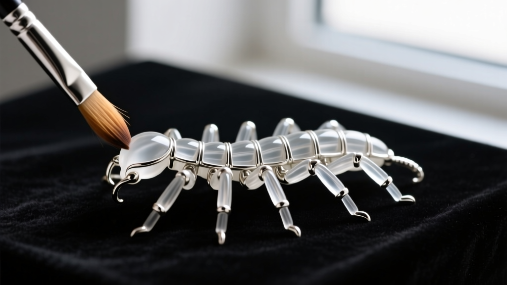 Macro shot of a soft brush cleaning the intricate legs of an articulated resin and silver centipede pendant resting on a dark mat
