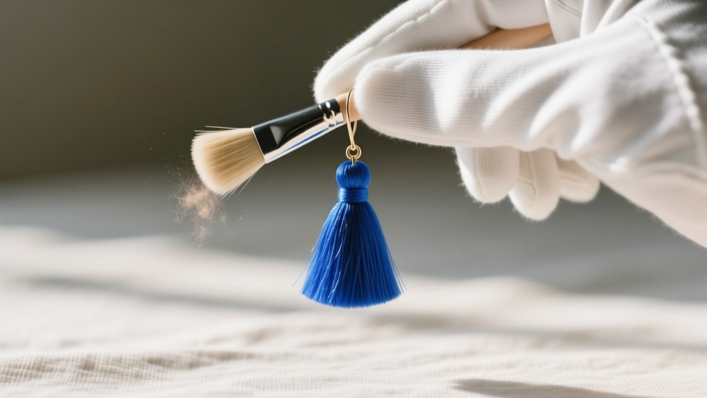 Close-up of a soft brush gently dusting a cobalt blue cotton tassel earring, held by a hand wearing a clean white cotton glove.