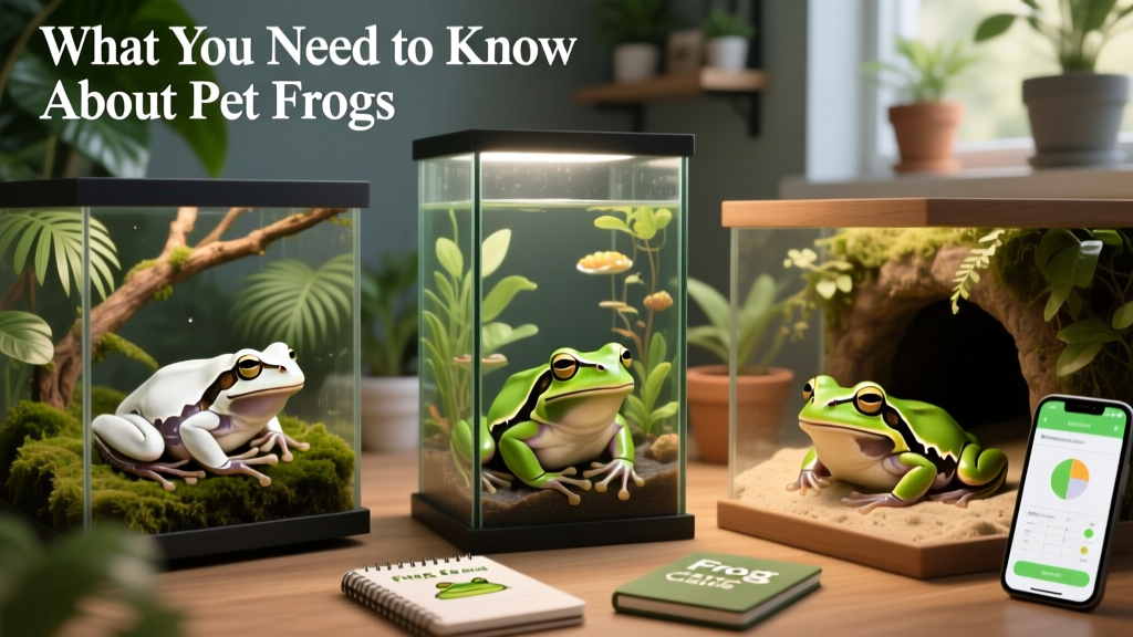 Side-by-side comparison of three beginner-friendly frog species: White’s tree frog, American green tree frog, and Pacman frog—each in appropriately sized, species-specific enclosures