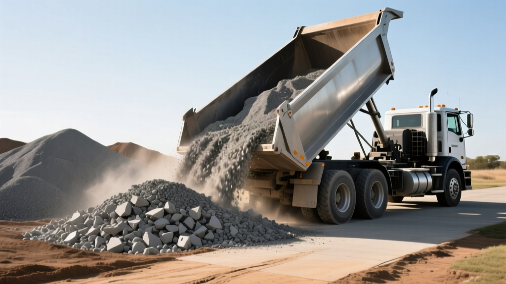 Heavy dump truck unloading a mix of gray crushed concrete aggregate and angular gravel onto a graded dirt driveway base