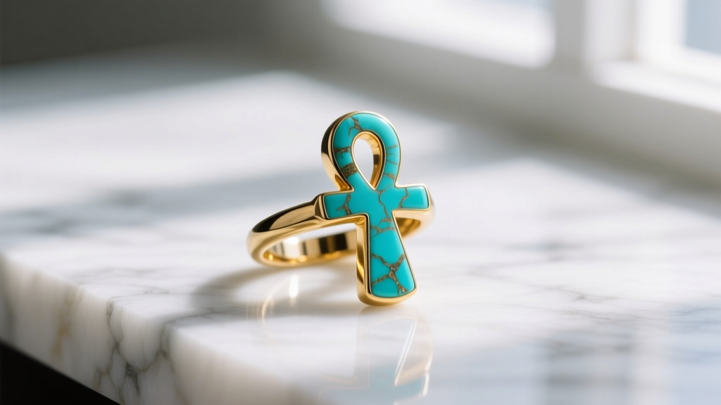 Macro shot of a turquoise and gold ankh ring on marble, showing the natural matrix of the stone and polished metal finish.