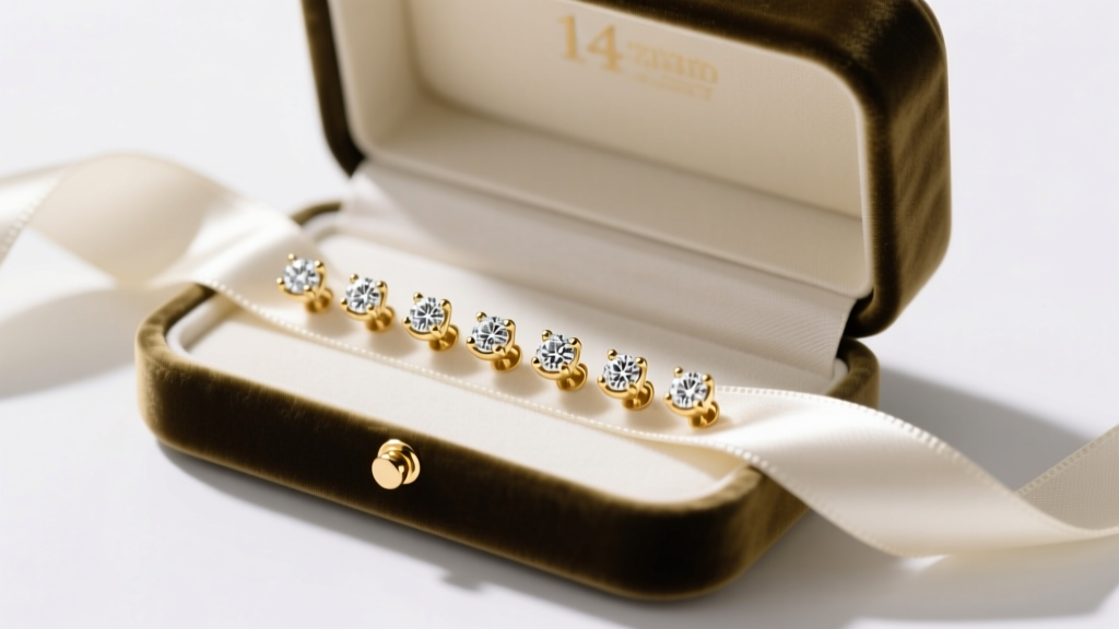 Velvet jewelry box opened to reveal 14k solid gold threadless labret studs with tiny bezel-set diamonds resting on silk ribbon.