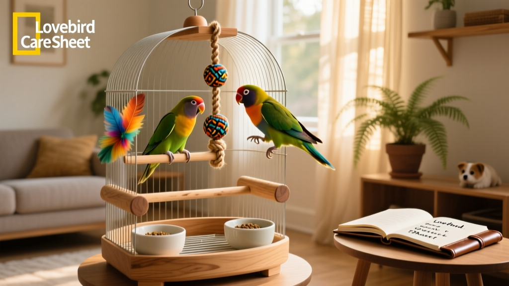 A spacious, well-equipped lovebird cage with natural wood perches, hanging toys, and clean food/water bowls