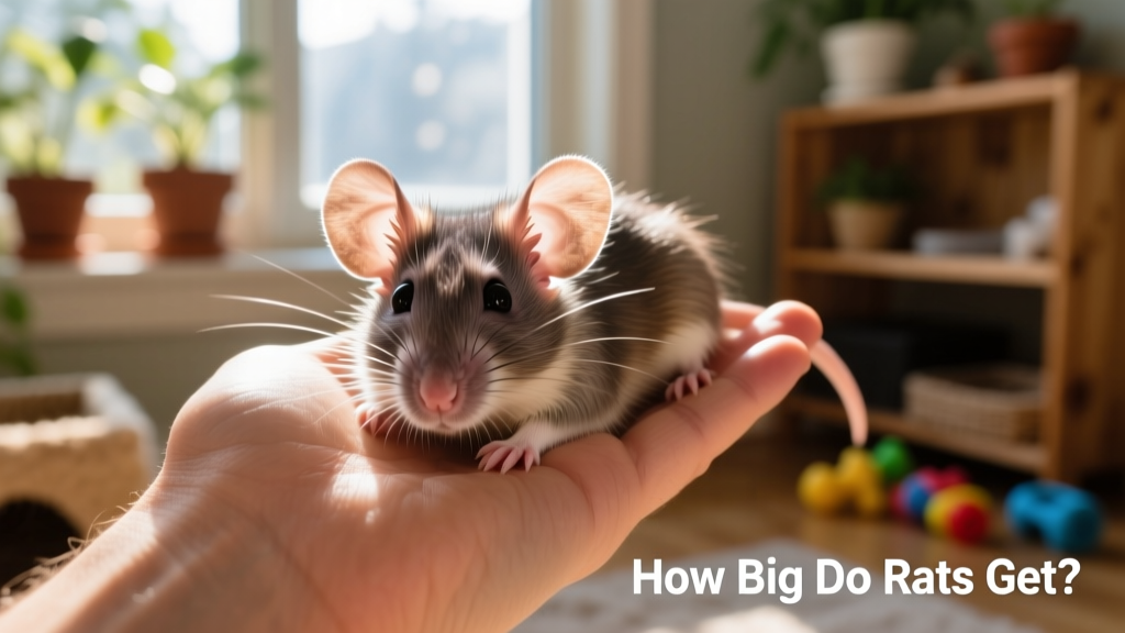 Close-up photo of a dumbo rat resting comfortably on a hand, highlighting its large ears and gentle expression