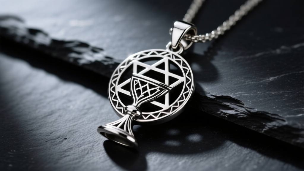 Close-up of a heavy 925 sterling silver Sigil of Lucifer pendant on dark slate, highlighting intricate geometric chalice details.