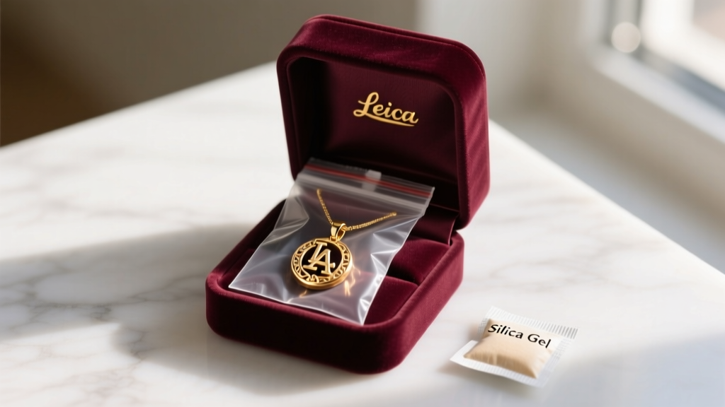Velvet box showing an LA pendant stored inside a sealed anti-tarnish polyethylene bag next to a silica packet.