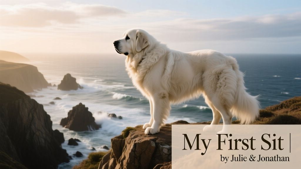 A Pyrenean Mastiff standing atop a cliff overlooking the sea