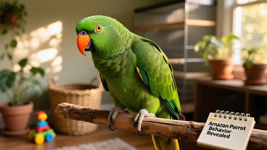 A vibrant green Amazon parrot perched on a wooden dowel, looking alert and engaged