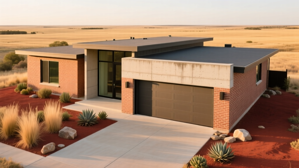 Modern single-story brick home in Oklahoma with a reinforced concrete storm shelter door visible in the garage and red clay soil landscaping