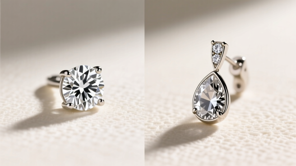 Split view of a prong-set white diamond earring and a bezel-set salt and pepper diamond drop earring on a soft cream background