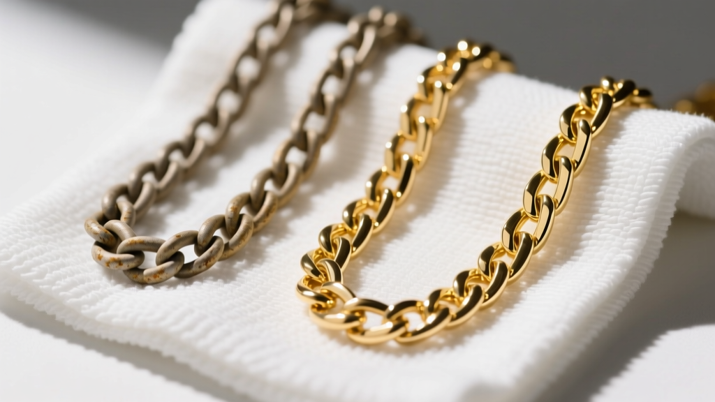 A dull 10k gold chain and a brilliantly polished 10k gold chain resting side-by-side on a clean white microfiber cleaning cloth.