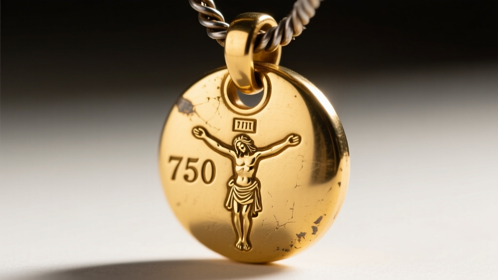 Macro view of an antique gold Christus pendant back, focusing on the stamped 750 hallmark and the worn soldered bail joint.