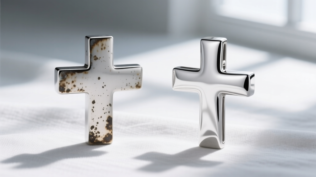 Side-by-side comparison of a tarnished 925 sterling silver square cross and a bright rhodium-plated version on soft white linen.