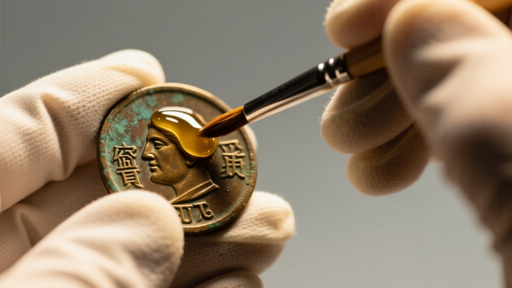 Gloved hand applying micro-crystalline wax to an ancient bronze coin with a soft bristle brush under warm, diffused studio lighting.