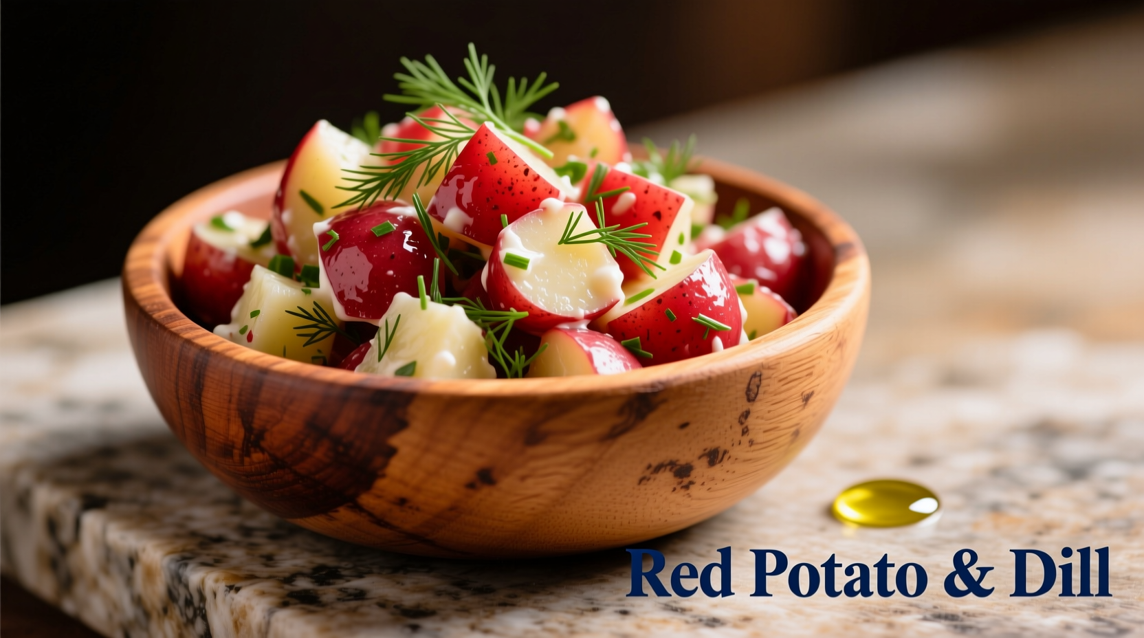 Vibrant red potato salad with fresh dill in wooden bowl