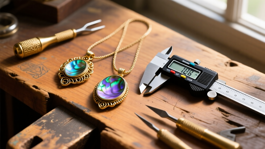 Overhead flat-lay of polished abalone pendants, brass wire tools, and digital calipers on a rustic wooden jeweler's bench