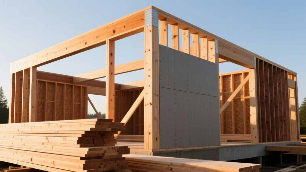 Modern timber-frame site featuring stacked Douglas Fir studs, LVL beams, and CLT panels under bright morning sunlight.