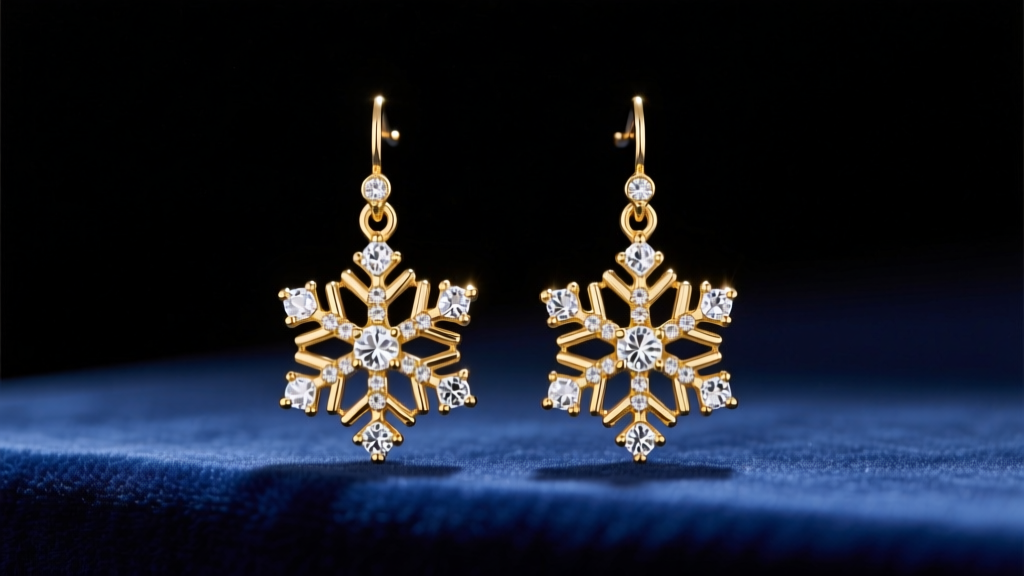 Crystal gold-tone Betsey Johnson snowflake drop earrings on dark blue velvet, illuminated by soft directional studio lighting