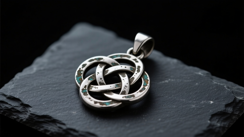 Tarnished pewter Celtic knot pendant on dark slate, illuminated by soft directional studio lighting to reveal surface oxidation