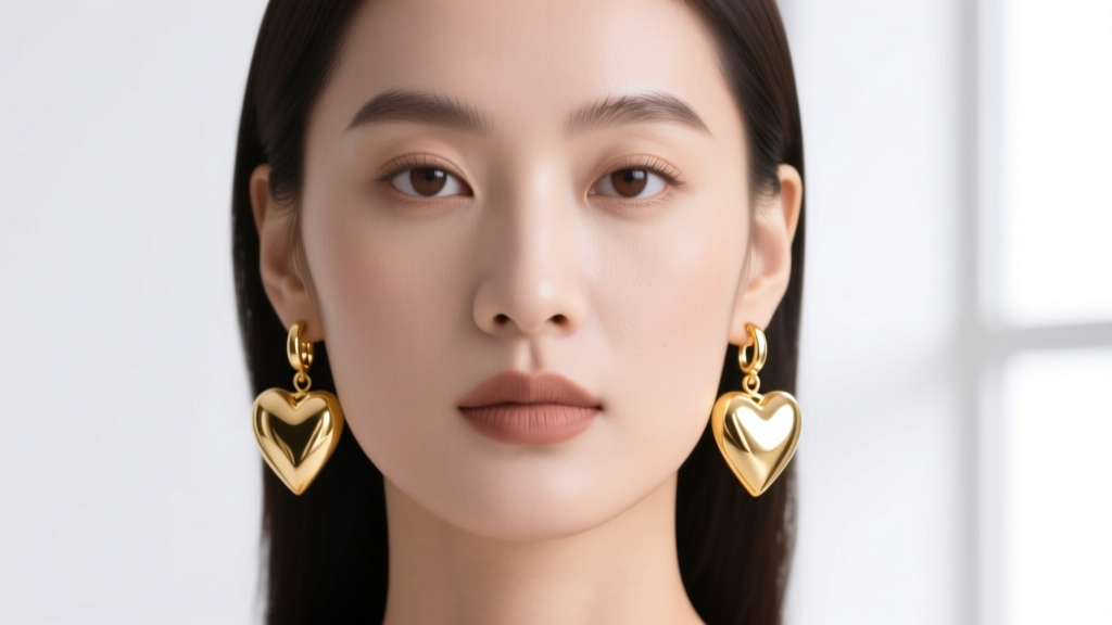 Close-up of a woman wearing 18k solid gold heart-shaped drop earrings, soft studio lighting highlighting the polished metal surface.