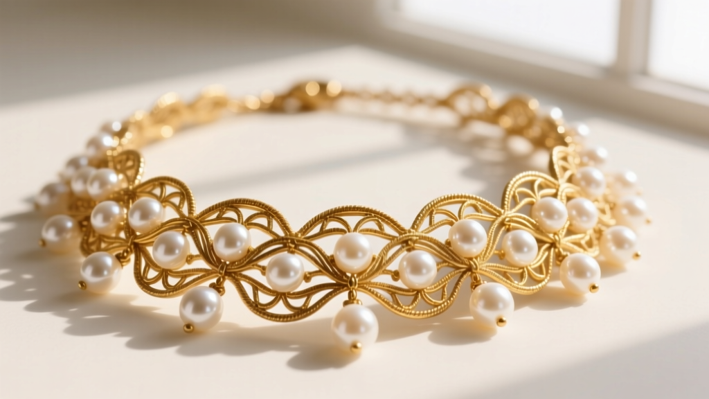 Macro shot of a Miriam Haskell necklace showing intricate Russian gold filigree backings and hand-sewn faux pearl clusters