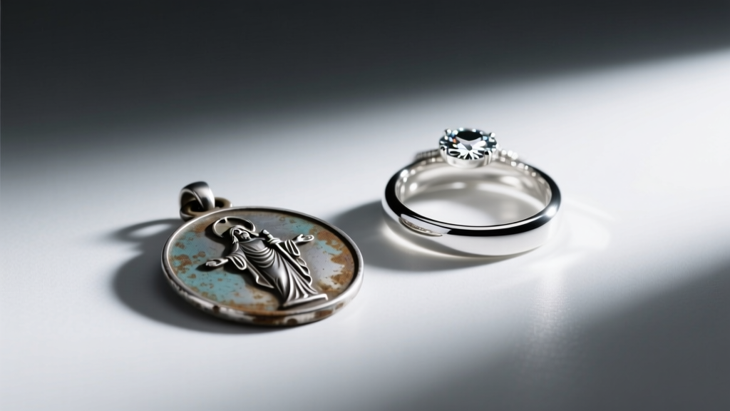 Tarnished sterling silver Saint Christopher medal beside a bright rhodium-plated version, shown under soft studio lighting.