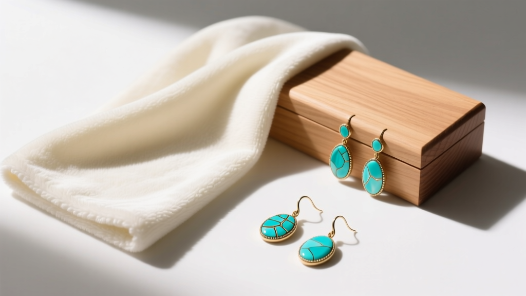 Flat lay of microfiber cloth, wooden box, and turquoise pietra dura dangle earrings illuminated by warm, soft directional lighting.