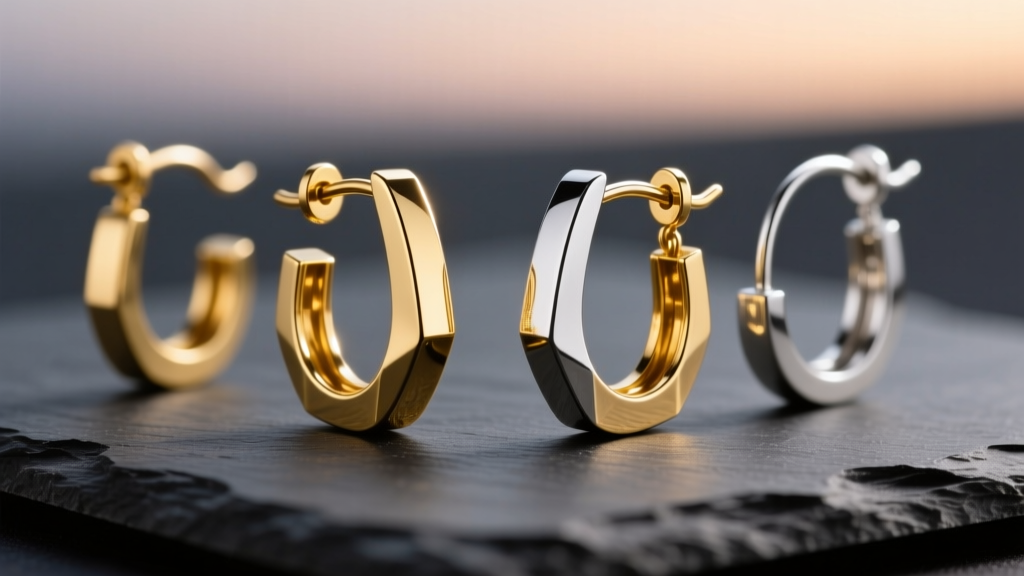 Macro shot of gold leverback and silver French wire earring hooks laid out neatly on a dark slate surface, studio lighting.