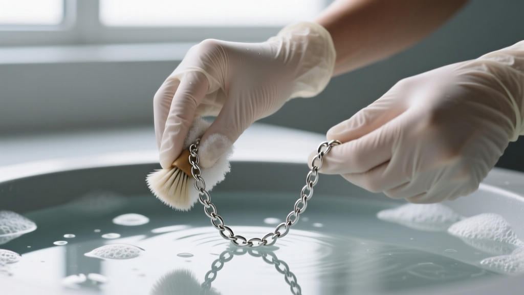 Hands in nitrile gloves using an ultra-soft brush to gently scrub a sterling silver rolo chain link necklace in mild soapy water.