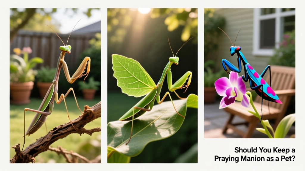 Side-by-side comparison of three different mantis species: one twig-like, one leaf-mimicking, and one brightly colored blossom-mimic