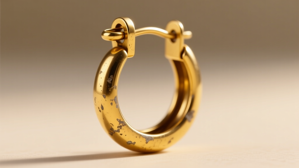 Close-up of a worn latch-back clasp on a 1960s yellow gold vintage hoop earring, showing the friction groove and bent catch wire
