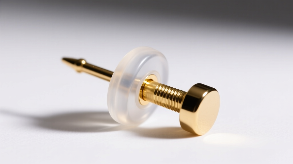 Close-up of a clear silicone earring back sliding onto an 18-gauge gold post, captured with bright studio lighting on white.