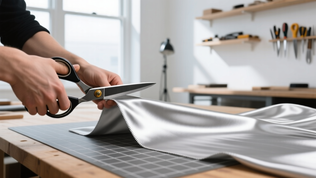 Hands cutting charcoal Pacific Silvercloth anti-tarnish fabric with shears on a grid mat in a bright, organized craft workshop
