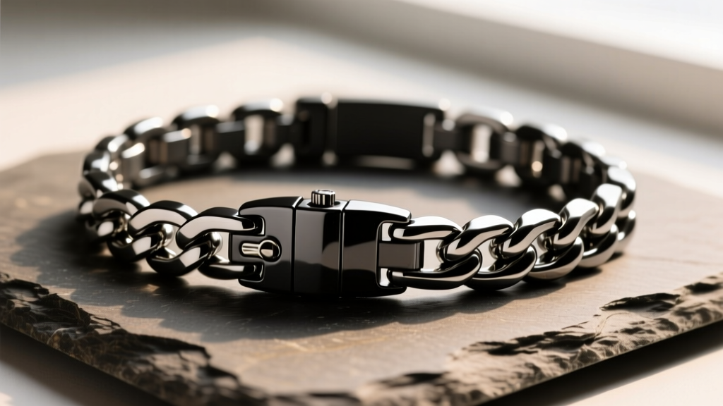 Macro shot of a black PVD 316L stainless steel Cuban chain on slate, showing precise link machining and a secure lobster clasp.