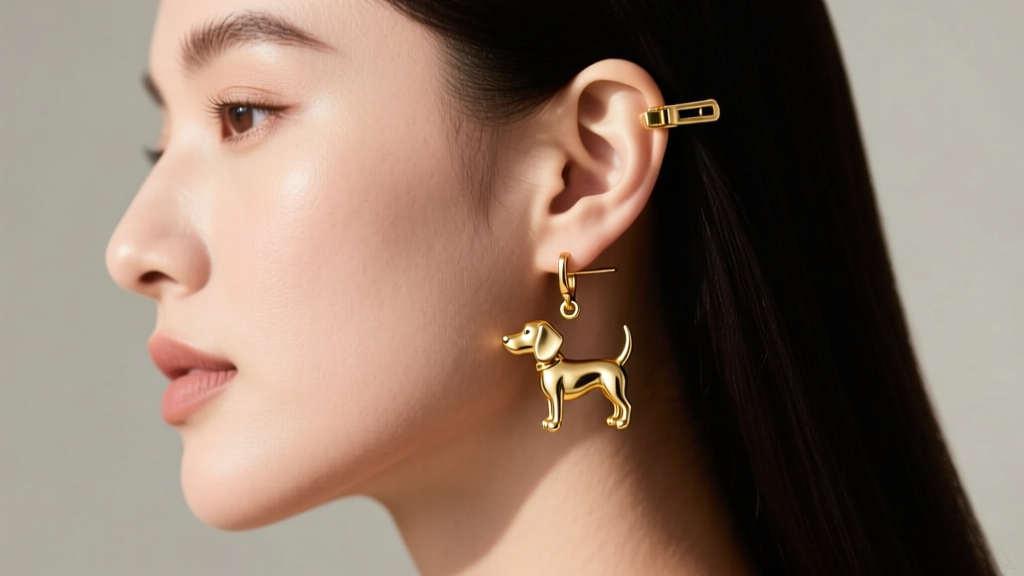 Side profile of a woman wearing articulated 18k gold weiner dog drop earrings, highlighting the leverback clasp and lobe drape