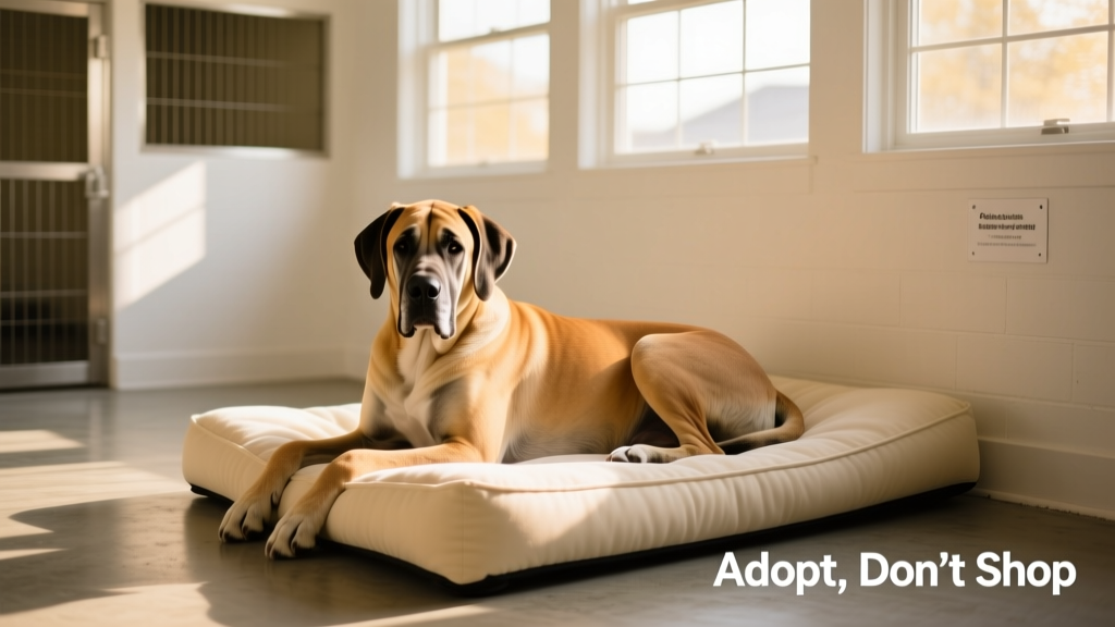 A clean, well-lit kennel space with a calm Great Dane lying on a soft bed, showing compassionate shelter care