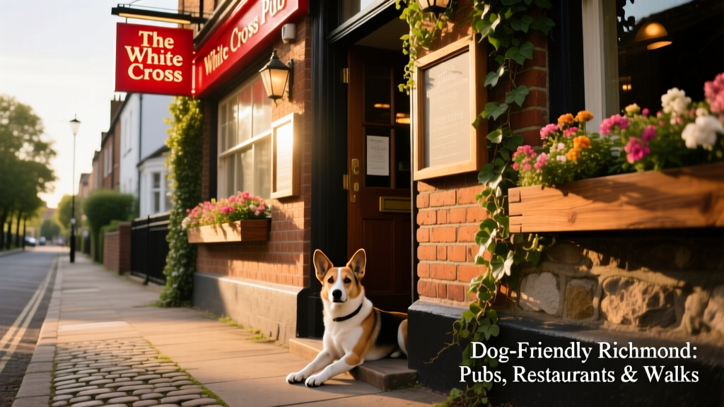 The White Cross pub exterior with its iconic red sign and a dog resting near the entrance