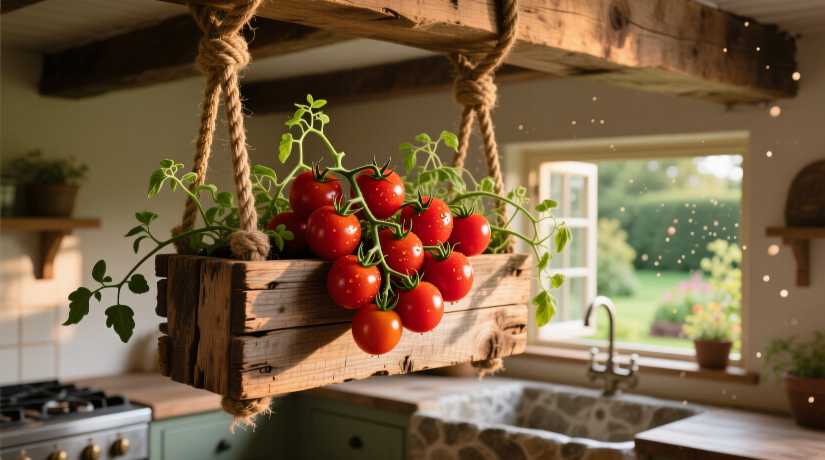 Hanging tomato planter with ripe cherry tomatoes