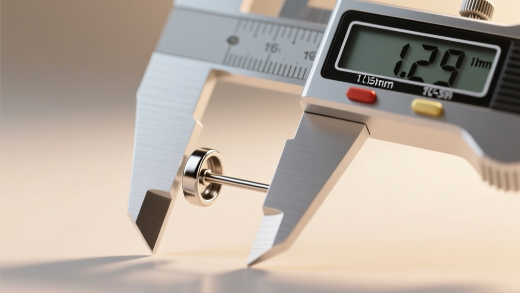 Digital caliper measuring the 1.29mm wire of a 16-gauge titanium labret stud earring against a softly blurred background.
