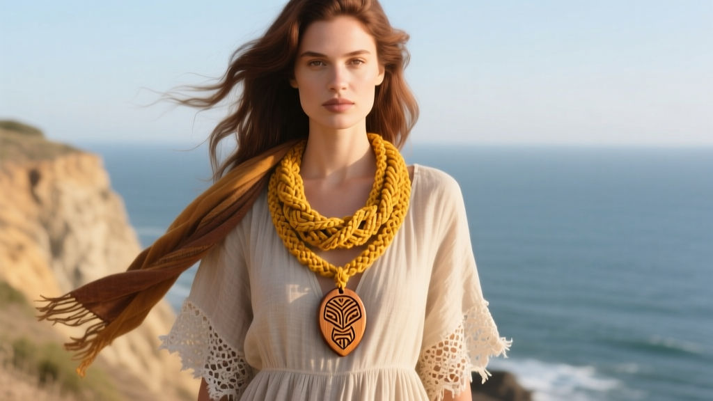 Woman wearing a layered bohemian outfit featuring a long 24-inch mustard yellow crochet necklace with a carved wooden pendant
